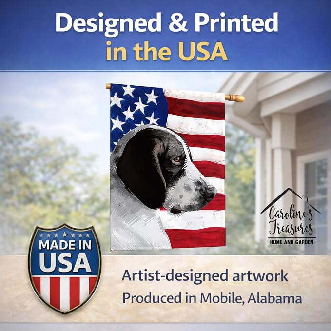 Caroline's Treasures CK6457CHF Braque d'Auvergne Dog American Flag House Flag Large Porch Sleeve Pole Decorative Outside Yard Banner Artwork Wall Hanging, Polyester, House Size, Multicolor