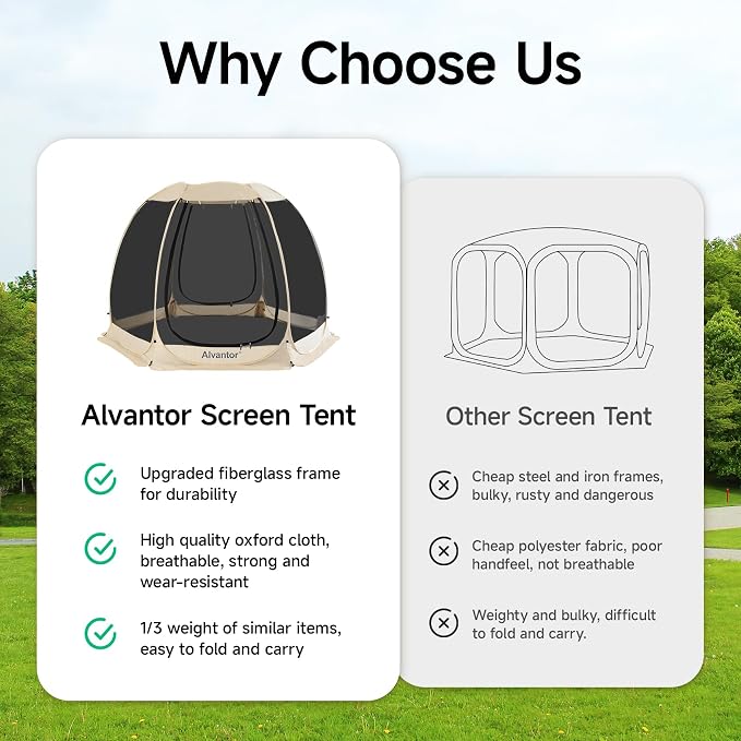 Alvantor Pop Up Screen House Tent, Instant Outdoor Gazebo with Mosquito Netting & UPF 50+ Sun Protection, Portable Canopy Shelter for Patio, Backyard, Camping (2-10 Person)