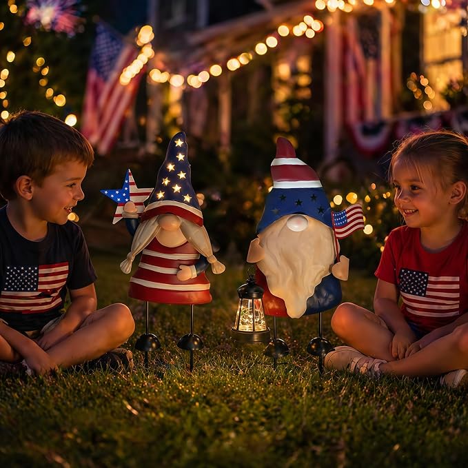 Solar Patriotic Gnomes Garden Stakes - 4th of July Decorations 25" American Flag Garden Gnomes Outdoor Decor for Outdoor & Memorial Day Yard Art 2 Pack