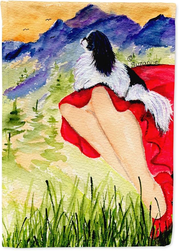 Caroline's Treasures SS8524GF Lady with her Japanese Chin Garden Flag Mailbox Flag Decorative Yard Flag Banner Outside Patio Artwork Yard Flower Beds, Garden Size, Multicolor