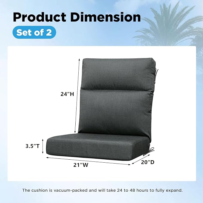 Sunbrella Outdoor Patio Chair Cushions 44x21x3.5 inch, Set of 2 Thicken Comfy Cushions for Rocker Non Slip Fade Shield Water Repellent High Back with Ties, Canvas Coal
