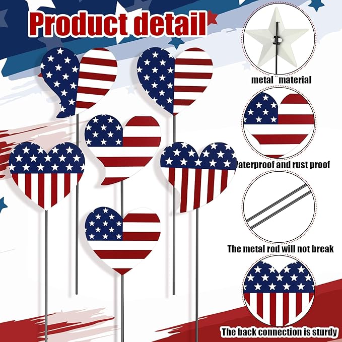 Pickmesh 6 Pcs 12" H Patriotic Yard Decor 4th of July Outdoor Decor Red White Blue Heart Metal Garden Stake 250th Anniversary USA Flag American Yard Sign for Independence Day Garden Decoration