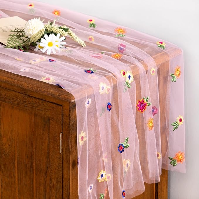 Socomi Flower Table Runner Summer Daisy Floral Tulle Gauze Cheesecloth Embroidery Table Runners for Tea Party Garden Wedding Bridal Baby Shower Birthday Picnic Decor Pink 1pc