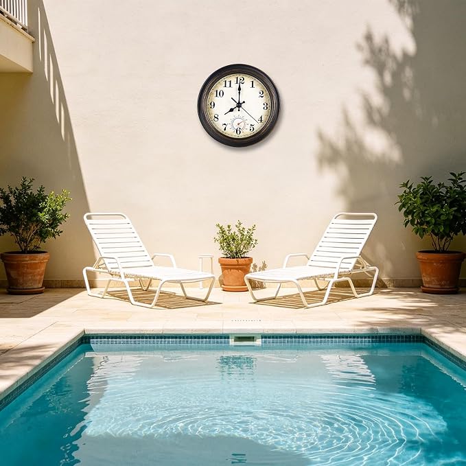 Outdoor Clock Waterproof with Thermometer Wall Clock for Patio Pool Bathroom Kitchen 8 Inch Bronze