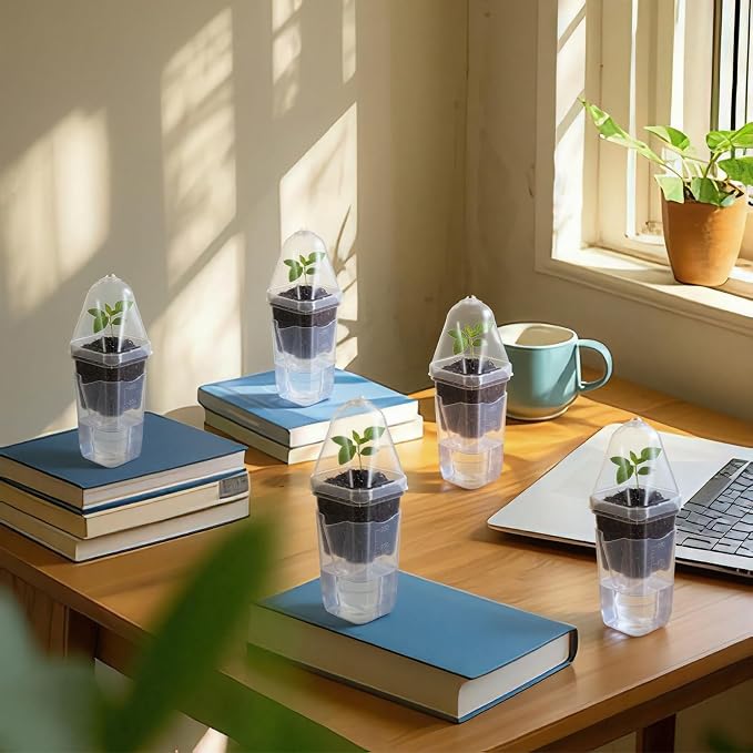 24 Pack 2.5" Small Self Watering Pots with Humidity Dome Clear Plastic Seed Starter Cups with Label Water Level and Drainage Holes for Cutting, Seedling, Propagation, Succulents, and Herbs