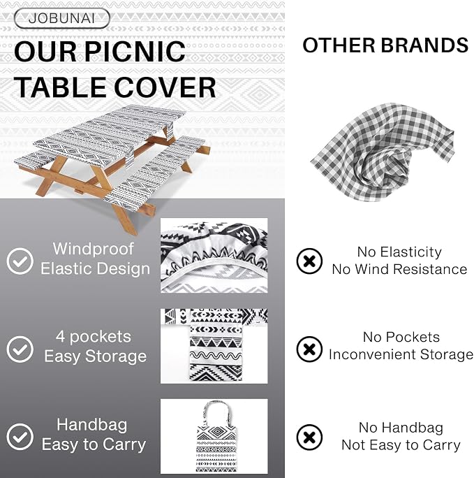 Jobunai Picnic Table Cover with Bench Covers Fitted Waterproof Large Camping Tablecloth with Elastic for 8 Foot Tables Outdoor Travel RV Essentials Summer Vacation Accessories Fun Gifts for Couples