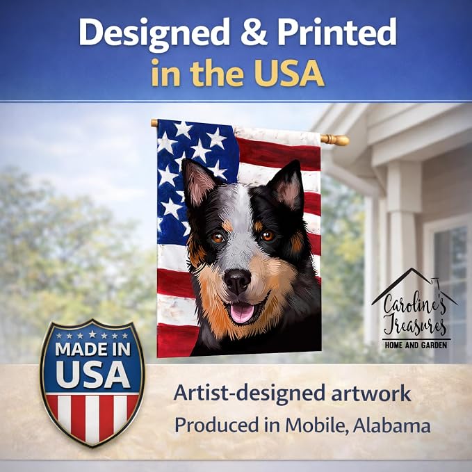 Caroline's Treasures CK6413CHF Australian Stumpy Tail Cattle Dog American Flag House Flag Large Porch Sleeve Pole Decorative Outside Yard Banner Artwork Wall Hanging, Polyester, House Size, Multicolor