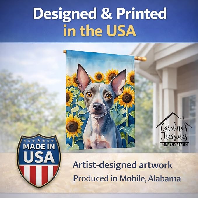 Caroline's Treasures DAC6010CHF American Hairless Terrier in Sunflowers House Flag Large Porch Sleeve Pole Decorative Outside Yard Banner Artwork Wall Hanging, Polyester, House Size, Multicolor