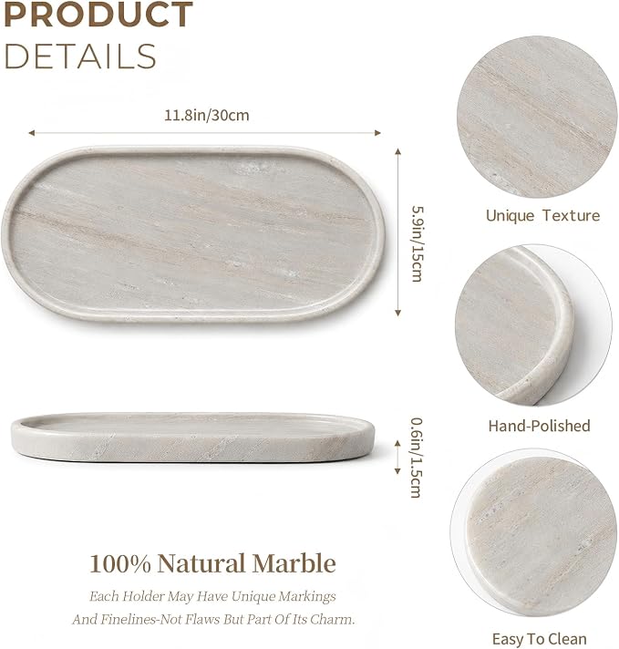 Genuine 100% Natural Marble Tray, Luxury Light Grey Stone Vanity Tray | 11.8" x 5.9" Decorative Oval Trays for Countertop Storage, Bathroom, Dresser, Kitchen, Home Decor, Jewelry Makeup Organizer