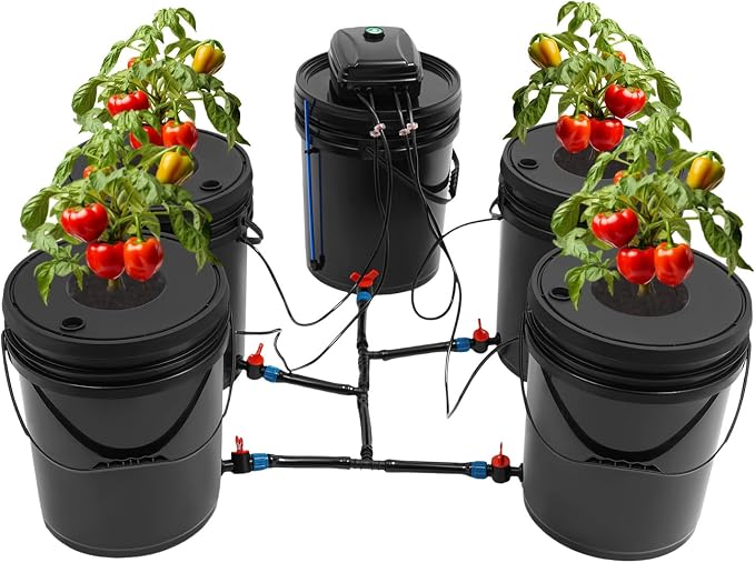 DWC Hydroponics Grow System 5.28 Gallon Deep Water Culture Kit with 12W 110V Air Pump, Five 12inch Buckets & Air Stones for Indoor Gardening Vegetables Herbs (5 Buckets+5.28Gal)