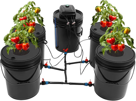 DWC Hydroponics Grow System 5.28 Gallon Deep Water Culture Kit with 12W 110V Air Pump, Five 12inch Buckets & Air Stones for Indoor Gardening Vegetables Herbs (5 Buckets+5.28Gal)
