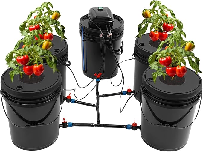 5 Bucket 5.28 Gallon Hydroponic Grow System Recirculating, Deep Water Culture Kit W/ 12-Watt Air Pump for Indoor/Outdoor Leafy Vegetables. (4 Planting Buckets+1 Reservoir Bucket)