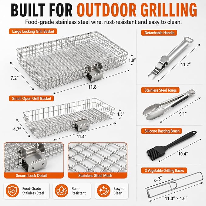 8-Piece BBQ Grill Basket Set - Stainless Steel Vegetable Grilling Basket with Detachable Handle & Lid, Portable Fish Grilling Basket & Meat Roaster, Grilling Gifts for Men Dad