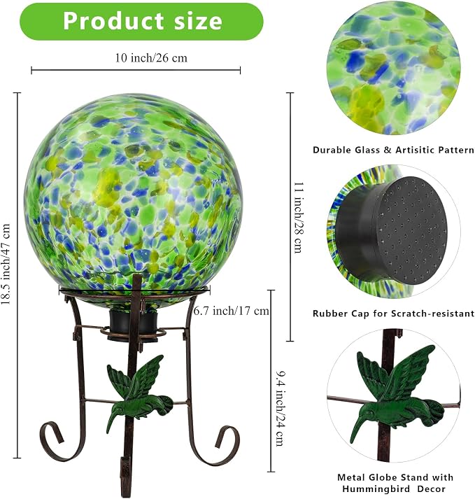 10 Inch Glass Gazing Ball with 9.4" H Metal Stand | Glass Gazing Globe Display Holder Set for Outdoor Garden Lawn Yard Decoration, Bright Summer Burst