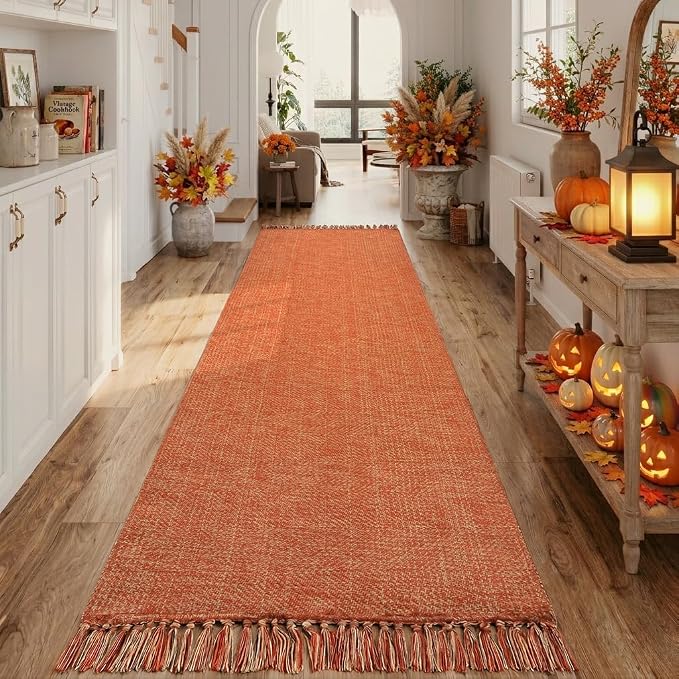 Fall Hallway Runner Rug 2.6' x 10', Farmhouse Entry Hall Carpet | Washable Reversible Kitchen Rug, Modern Terracotta Hand Woven Bathroom Runner Carpet for Bedroom Laundry Porch Fall Decor