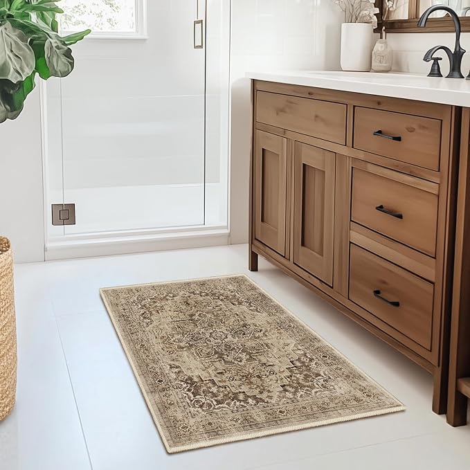 Medallion Brown 2x3 Entryway Rug, Washable Kitchen Rugs Non Slip, Ultra Thin Medallion Door Mat Indoor Entrance Back Front Door, Low Pile Retro Small Rug for Inside Entry/Foyer/Bathroom/Bedside