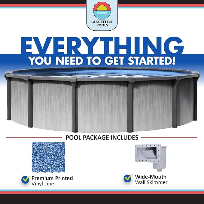 Lake Effect Pools 'Lanai' 27 ft Round Above Ground Swimming Pool | 52 Inch Resin Protected Steel Sided Walls | Bundle Includes: 25 Gauge Overlap Liner & Widemouth Skimmer
