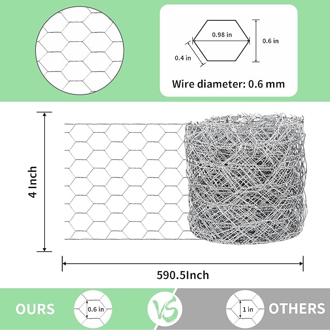 Chicken Wire 4 in x 590.5 in Poultry Wire Netting Hexagonal Galvanized Mesh Garden Fence Barrier for Pet Rabbit Chicken Fencing with 100 Pcs Cable Zip Ties