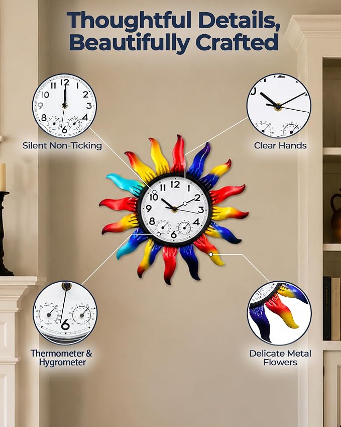 13 Inch Metal Outdoor Wall Clock Colorful Sun Decor Waterproof Outside Clock with Thermometer Humidity Gauge Silent Non Ticking Quartz Timepiece for Garden, Patio, Fence, Yard Gift