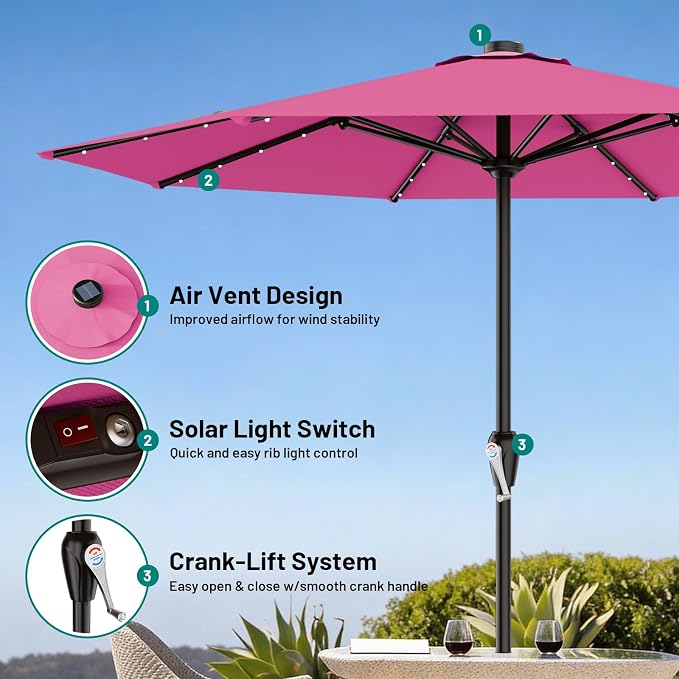 AreShark 12FT Large Patio Umbrella with Solar Lights, Solar Powered Outdoor Umbrella with Crank, Patio Table Market Umbrellas for Garden, Deck, Backyard, Pool and Beach, Rose Pink