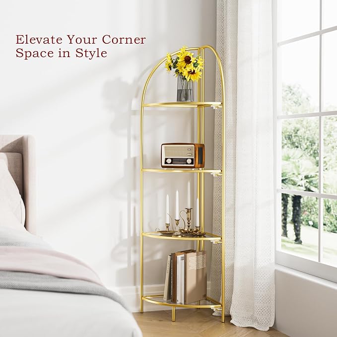 Crofy Foldable 4 Tier Corner Shelf, Metal Corner Plant Stand with Gold Frame and Transparent Shelves, Corner Display Rack Multipurpose Shelving Unit for Living Room, Bedroom, Bathroom
