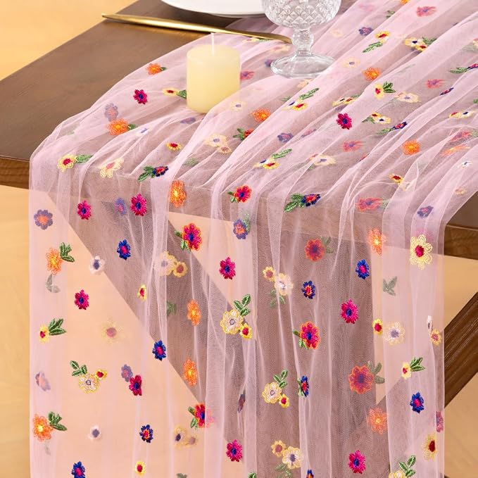 Socomi Flower Table Runner Summer Daisy Floral Tulle Gauze Cheesecloth Embroidery Table Runners for Tea Party Garden Wedding Bridal Baby Shower Birthday Picnic Decor Pink 1pc