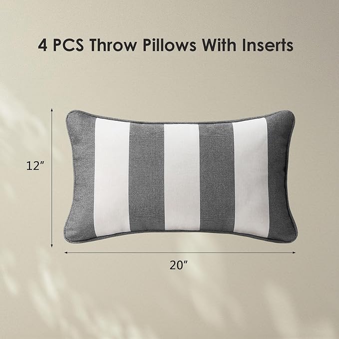 Unimatta Decorative Outdoor Water Repellent Throw Pillows with Inserts, Set of 4, 20" x12" Pillows for Patio, Backyard, Bed, Couch, and Patio Furniture, Gray Stripe