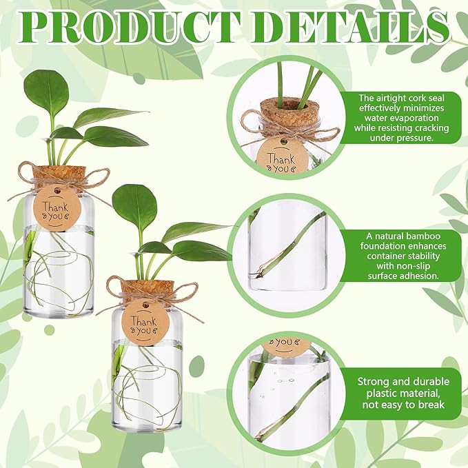 36 Packs Plant Propagation Stations with Hole Lid Clear Plastic Cultivation Bottles Tabletop Hydroponic Containers with Thank You Tags for Home Gardening Office Desktop Decoration