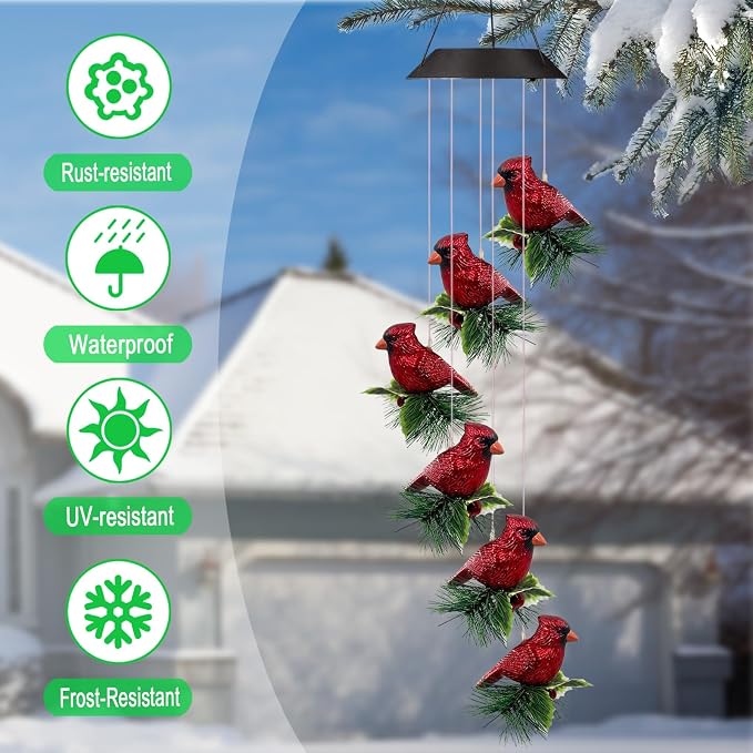 Solar Cardinal Wind Chimes for Outside,Red Bird Danglers Mobile Lights,Waterproof Hanging Outdoor Christmas Decor for Garden Patio Yard