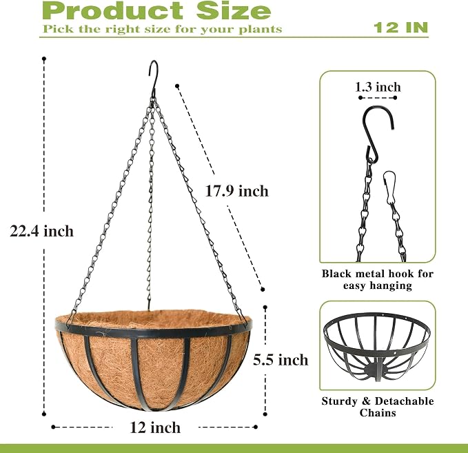 12 Inch Black Flat Iron Metal Hanging Planter Basket with Coco Coir Liner(4 Pack) Hanging Planters for Outdoor Plants Hanging Baskets for Plants Flower Pots for Deck Patio Porch Garden Balcony