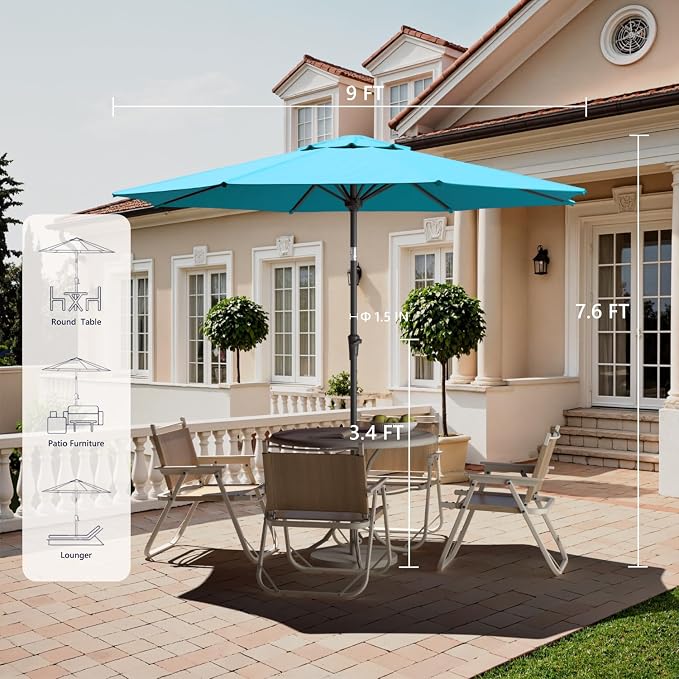 Outdoor Patio Umbrella with One Push Button Tilt and Crank, 8 Sturdy Ribs Market Table Umbrella