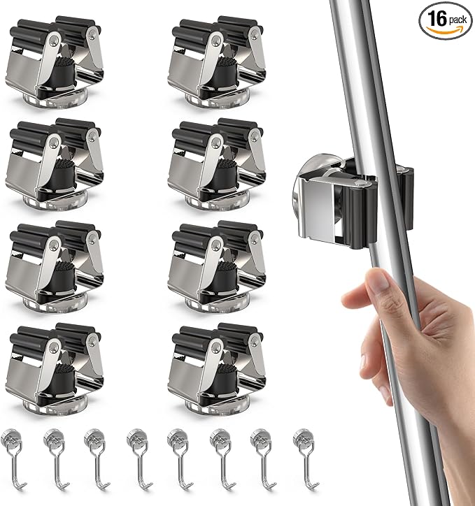 3-H Magnetic Broom Holder with Strong Magnetic Hook 16 Pack,Broom Holder Wall Mount for Garage Garden Shed Storage System Laundry Room Home Kitchen Organization,Silver