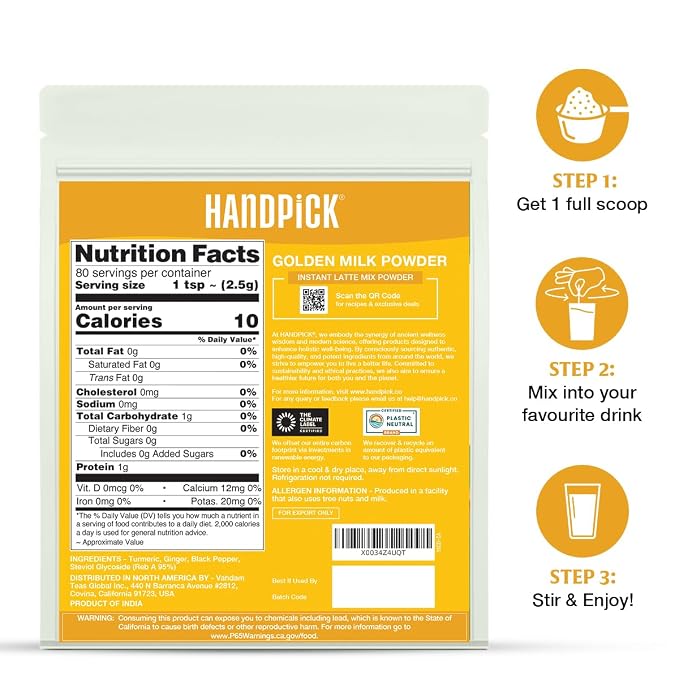 HANDPICK Golden Milk Powder with Turmeric - (7oz, 80 servings) Instant Latte Mix | Blend of Ginger, Black Pepper and Curcumin (Packaging may vary)