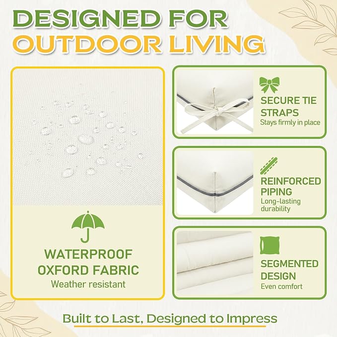 60×40 INCH Outdoor Swing Cushion with Backrest, Tie Straps & Memory Foam - Replacement for Porch Bench 2/3 Seater, Oxford Fabric (Cream, 60 INCH × 40 INCH)