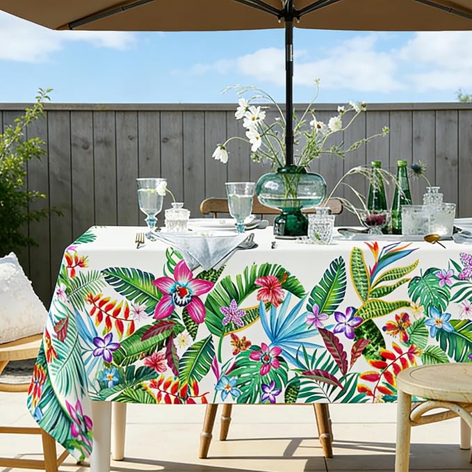 Outdoor Tablecloth with Umbrella Hole and Zipper, Rectangle Patio Table Covers for Spring/Summer, Machine Washable Outdoor Picnic Table Cloth (Tropical, 60" × 120" Rectangular)