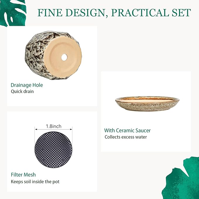 7.8 Inch Ceramic Plant Pot with Drainage Hole Mesh Net, Large Flower Pots for Indoor Plants with Saucer, Gardening Pots Outdoor