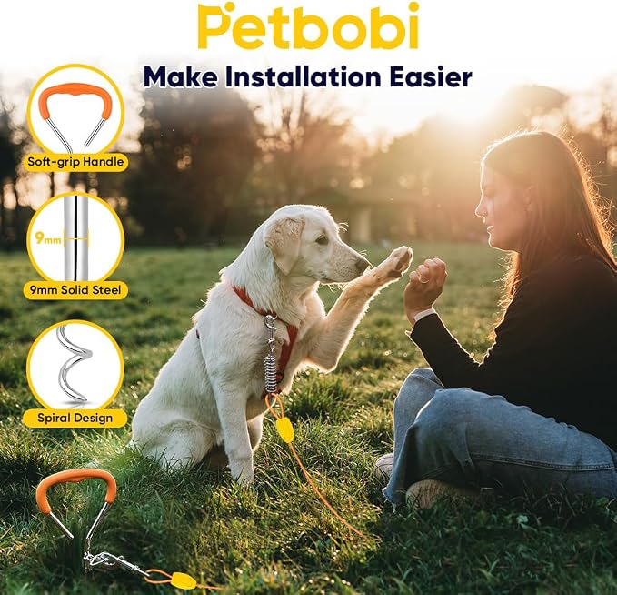 Petbobi Dog Tie-Out Cable and Stake - 30ft Heavy Duty Cable with Spring, No Tangle, 16in Ground Stake, Ideal for Outdoor Yard, Camping, Suitable for Small Medium Large Dogs Up to 120 lbs, Orange