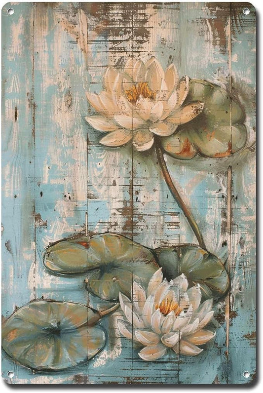 Metal Sign Tin Sign Vintage Wall Art Shabby Chic Water Lilies Tin Sign for Antique Pond Serenity Rustic Wall Art and Distressed Wood P Bathroom Signs for Home for Pub 12×16 Inches