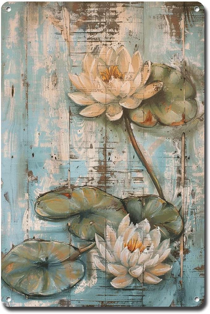 Metal Sign Tin Sign Vintage Wall Art Shabby Chic Water Lilies Tin Sign for Antique Pond Serenity Rustic Wall Art and Distressed Wood P Garden Tin Sign for Bar 6×8 Inches
