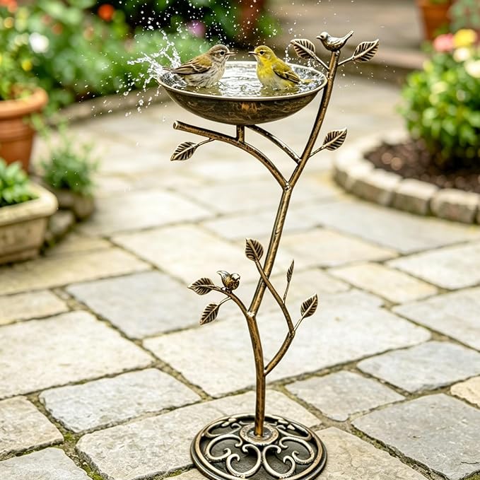 HOUYANG Diam 11.4" W x 31" H Cast Iron Pedestal Bird Bath, Bird Baths for Outdoors,Vintage Metal Bird Bath Garden Yard Decoration