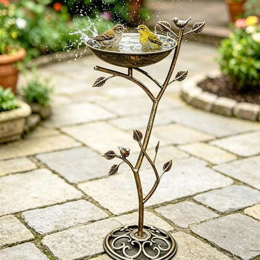 HOUYANG Diam 11.4" W x 31" H Cast Iron Pedestal Bird Bath, Bird Baths for Outdoors,Vintage Metal Bird Bath Garden Yard Decoration