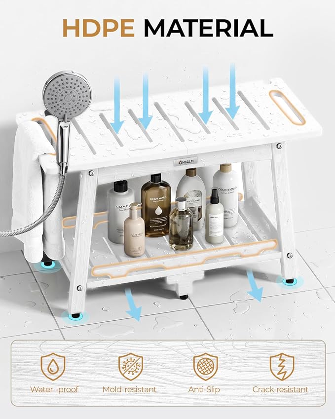28" Extra Large Shower Bench, HDPE Waterproof Shower Chairs Seat, Adjustable and Non-Slip Feet, Shower Stool for Inside Shower to Sit On, Indoor/Outdoor Use, As Porch Bench, Garden Entryway, White
