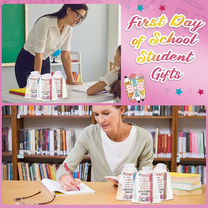 Marspark 30 Set Welcome Back to School Gifts Bulk Ballpoint Pens and Greeting Cards Set with Bags Twist Ties Composition First Day of School Gifts for Teacher Student Classroom Party Favors Supplies