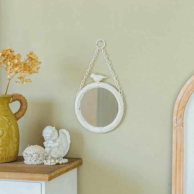 NIKKY HOME 6.7 Inch Decorative Small Hanging Mirrors Vintage Rustic Round Metal Framed Wall Mounted Mirror Decor with Bird for Bathroom Living Room Office, Rustic White