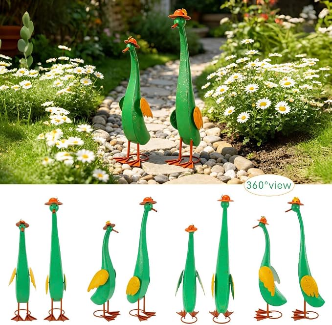 22" Duck Garden Statue Set of 2 Metal Ducks | Outdoor Yard Art Porch Animal Figurine Lawn Ornament Rustproof Yard Sculptures for Outside Patio Backyard Decorations