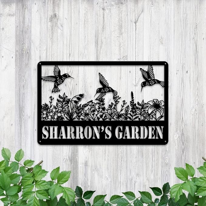 MeMate Hummingbird Garden Signs, Flowers Garden Signs to Personalize, Personalized Metal Signs Hummingbird, Customized Name Wall Art for Garden Outdoor Decor, Large Outdoor Plaque Sign for She Shed
