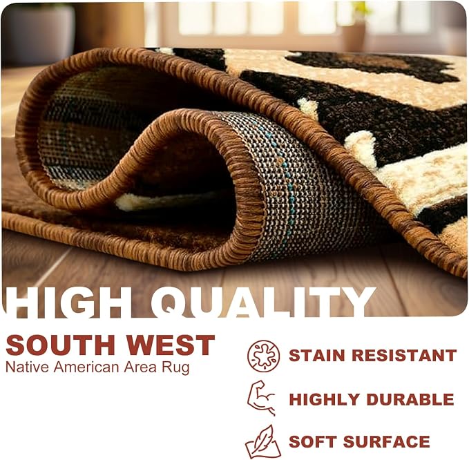 YHSF Southwestern Area Rug - Anti Static & Washable - Mocha, 2 ft x 7 ft | Soft Native American Tribal Floor Rugs for Living Room, Bedroom, Hallways, and More - Easy-to-Clean Home Decors