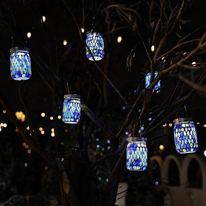 Cooo 3 Pack Mosaic Lanterns Outdoor Waterproof with 215% Larger Solar Panel, Never Rust Lids, True Capacity Battery- Solar Mason Mosaics Jar Lantern for Patio Garden Yard Balcony Christmas Decorations