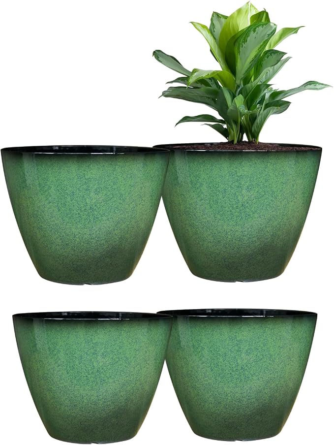 Vanslogreen 8 inch Flower Pots for Indoor Plants, 4 Pack Plastic Plant Pots for Plants with Drainage Holes, Indoor Planter for Outdoor Plants Garden Home Decor, Green
