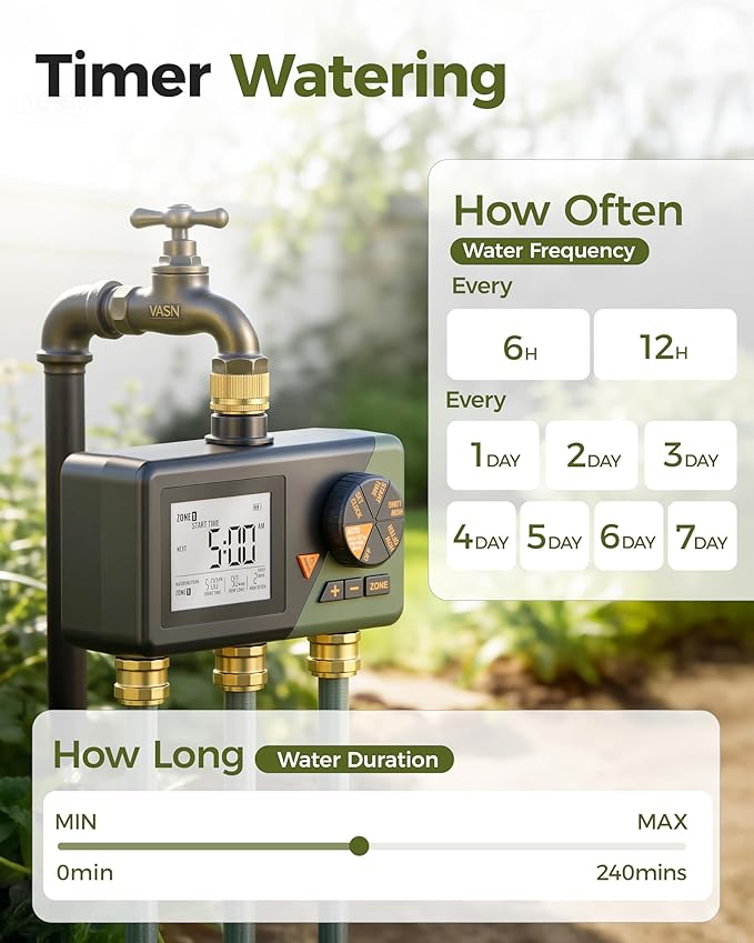 Brass Sprinkler Timer 3 Zone, Diivoo Water Hose Timer 3 Outlet for Garden, Programmable Automatic Irrigation with Rain Delay and Manual/Auto Mode Watering for Lawn, Yard, Pool